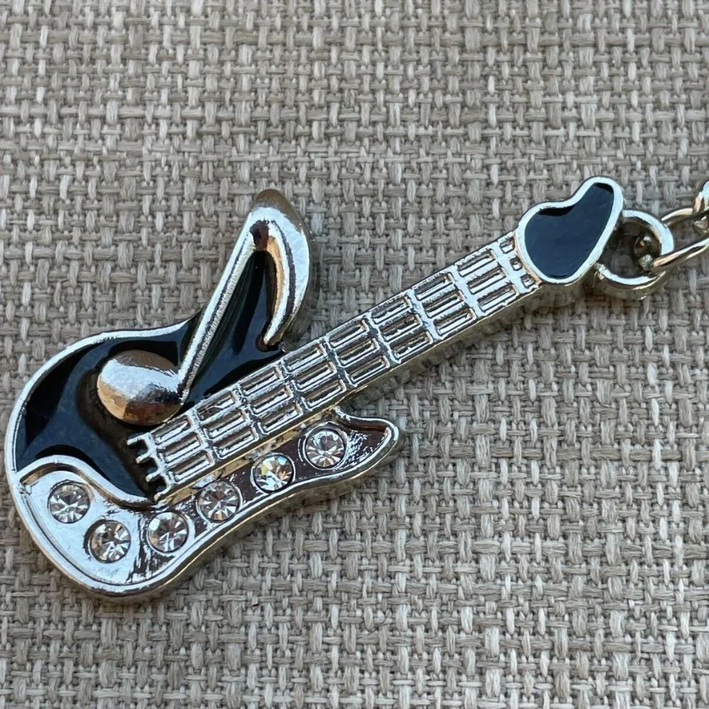 Guitar Key chain Silver/Black Tone Fashion Jewelry Keys Holder Crystals accent